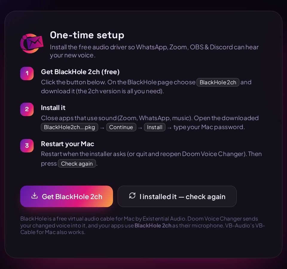 The app's one-time setup screen for BlackHole on Mac