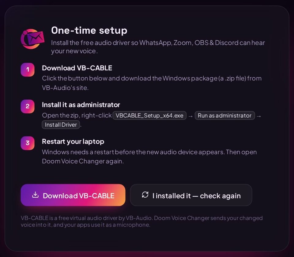 The app's one-time setup screen for VB-CABLE