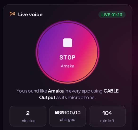 The Live voice card while live, showing minutes used, amount charged and minutes left