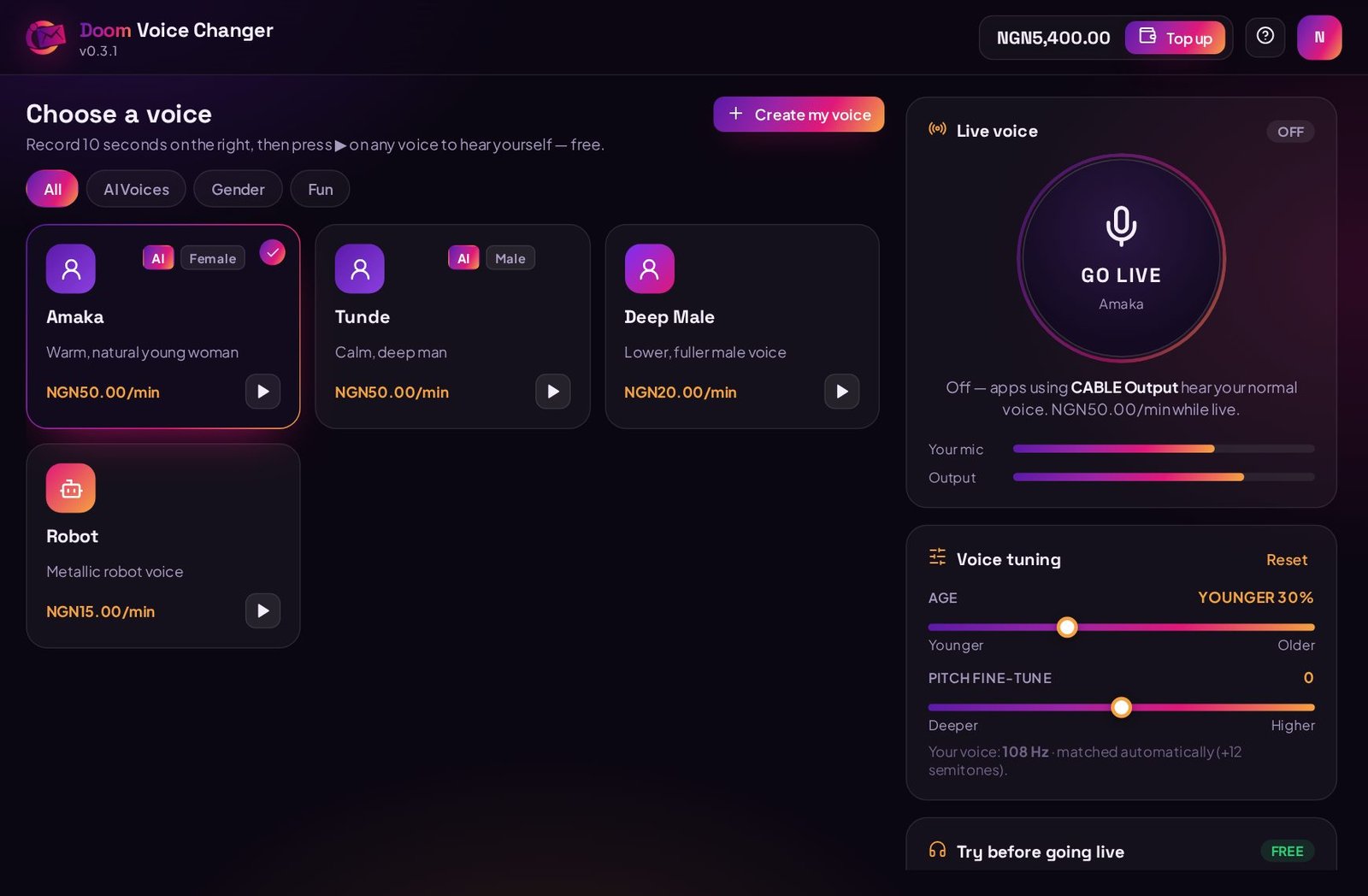 Doom Voice Changer on Windows: a grid of voices, the Go Live button and voice tuning sliders
