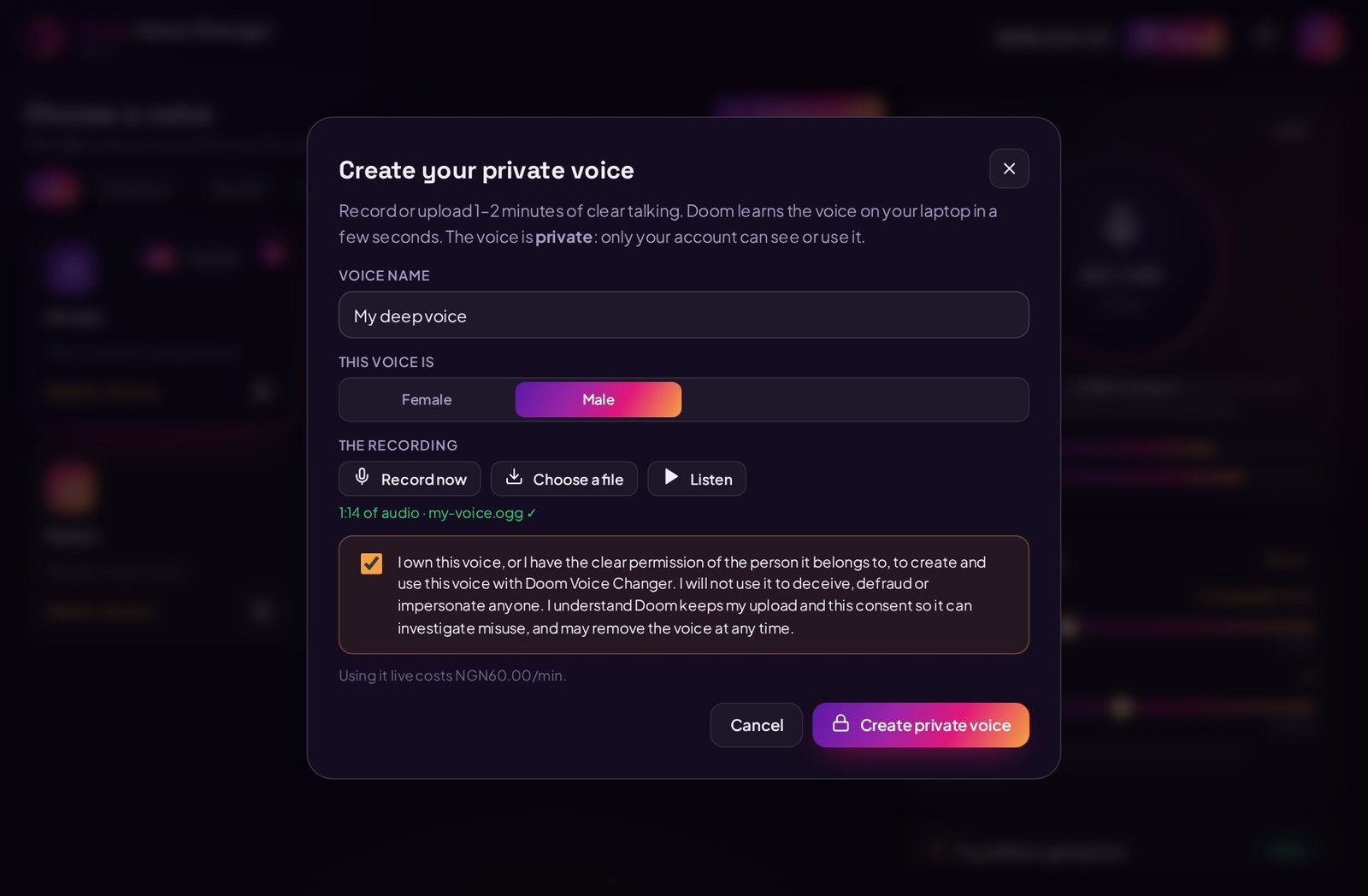 The Create your private voice window with a name, recording and a consent checkbox