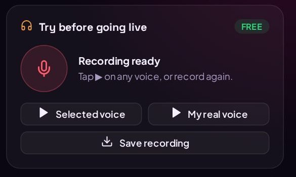 The free preview card with buttons to play the selected voice or your real voice
