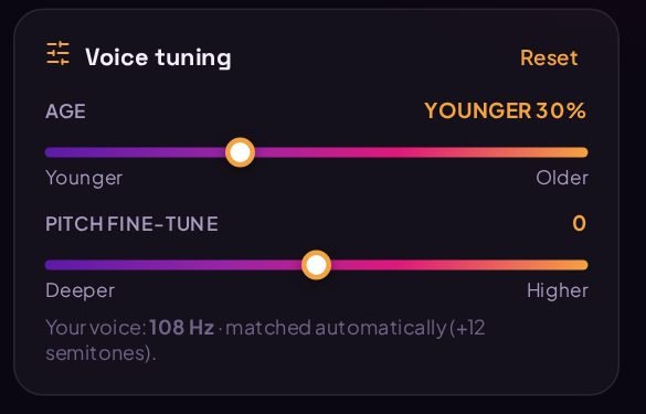 Voice tuning card with Age and Pitch fine-tune sliders